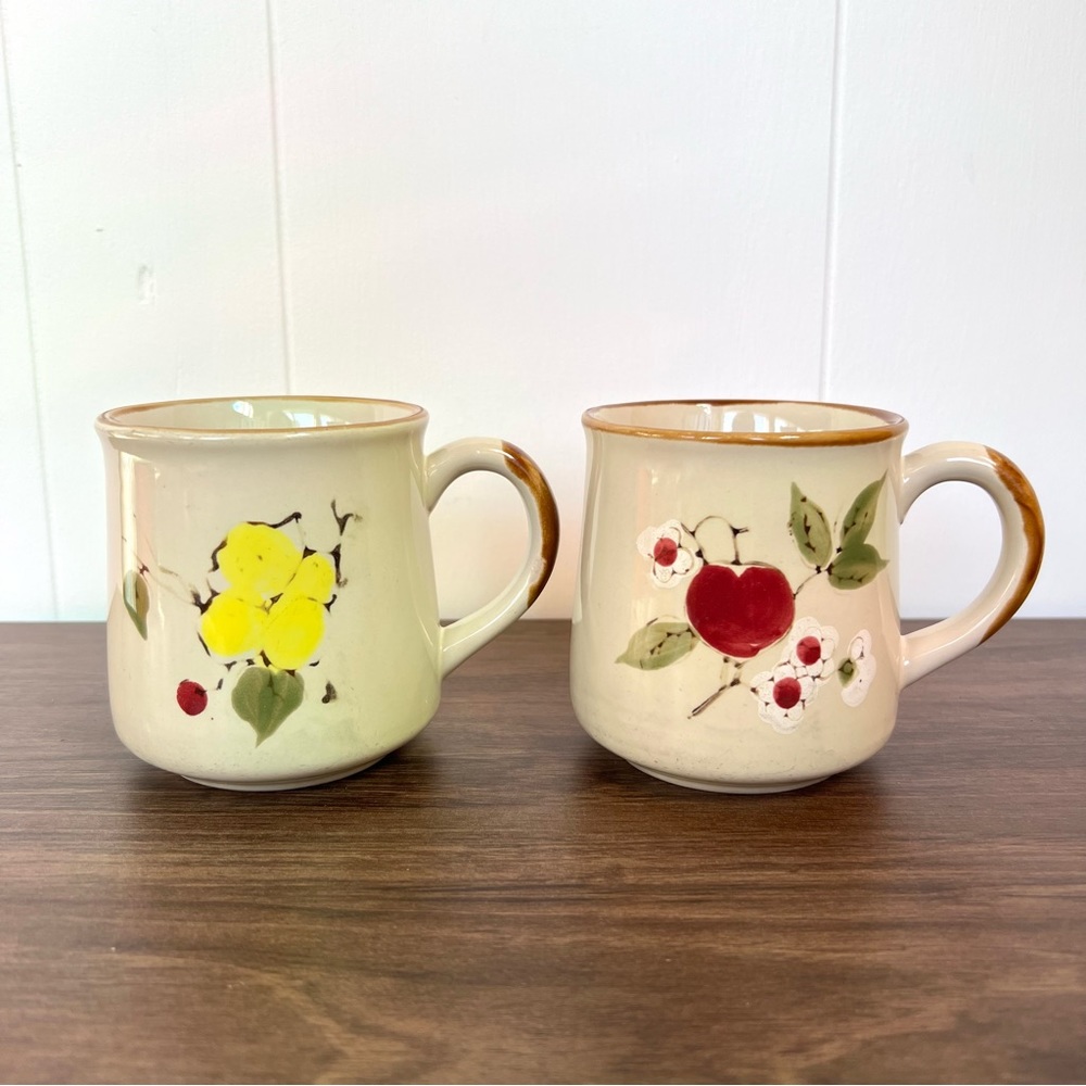 Vintage Stonewear Floral Mugs Handmade Korea Set of 2